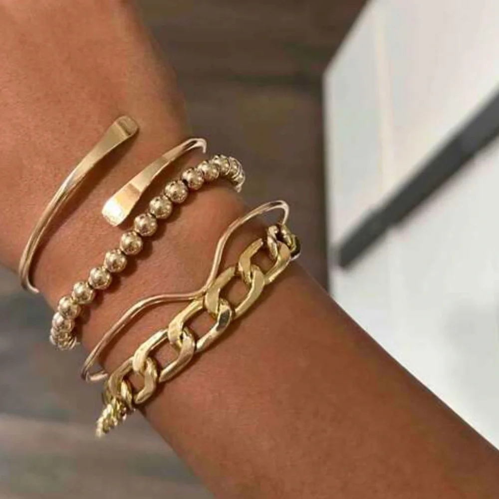 4 Piece Stackable Gold Bold statement Bracelet Set - Picture 3 of 4